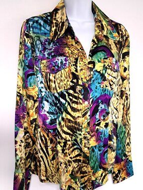 GREAT MULTI COLOR CACHE 95% SILK BLOUSE BUTTON UP SIZE LARGE